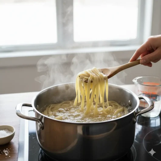 mixing chicken and pasta in creamy alfredo sauce