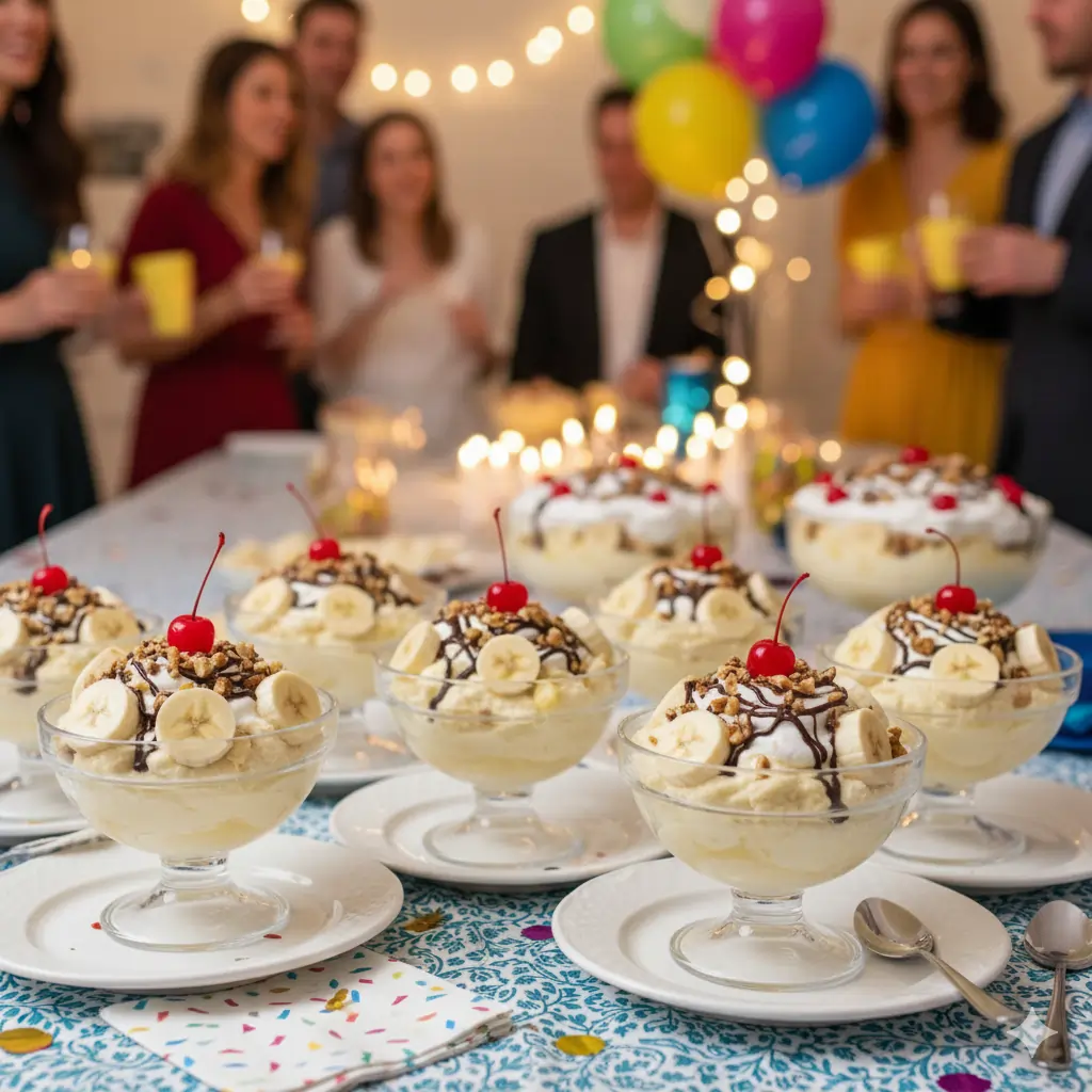 Party table filled with individual banana split fluff desserts in glass bowls, each topped with whipped cream, chocolate drizzle, banana slices, chopped nuts, and a cherry. In the background, people are celebrating with balloons and string lights.