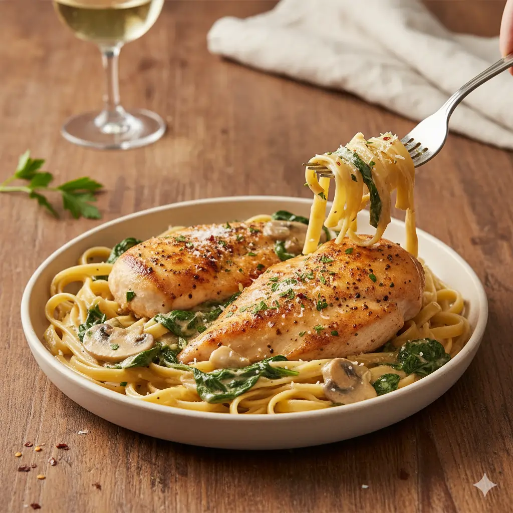 Image idea: Chicken Spinach Mushroom served over pasta