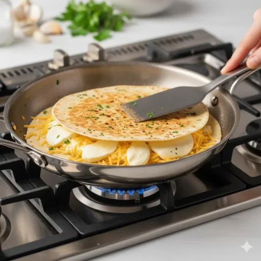 Image: tortilla crisping in skillet