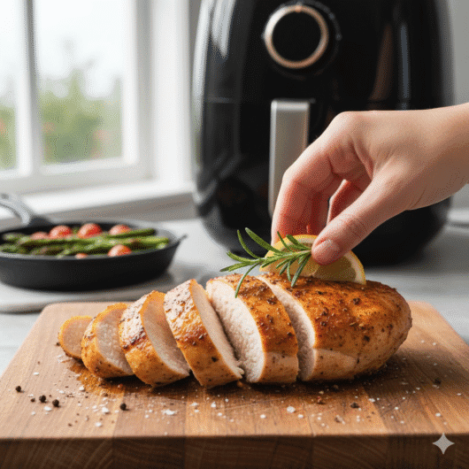sliced air fryer chicken breast on cutting board
