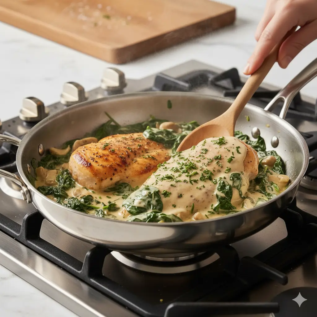 final skillet shot with all ingredients combined. Return chicken to skillet, spoon sauce over the top, and simmer for 5 minutes until cooked through.