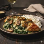 Tender chicken, spinach, and mushrooms baked with creamy cheese in a satisfying low-carb oven dish.