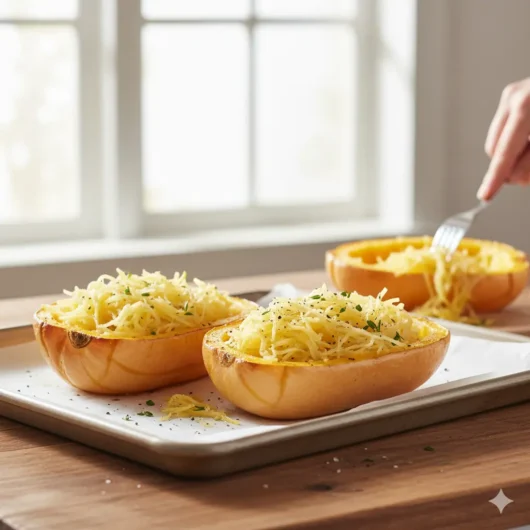 Roasted spaghetti squash on a baking tray