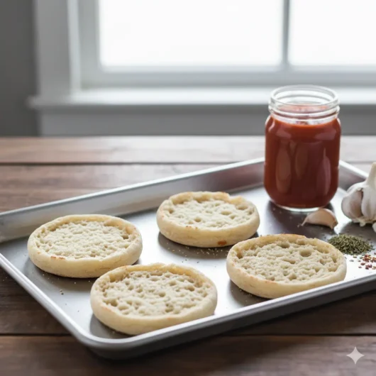 english muffin halves on baking tray