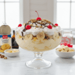 A large glass trifle bowl filled with banana split fluff dessert, layered with bananas, crushed pineapple, whipped cream, and topped with chocolate drizzle, maraschino cherries, and chopped nuts. Ingredients like canned pineapple, cherries, and sliced bananas are displayed around the bowl on a white countertop.
