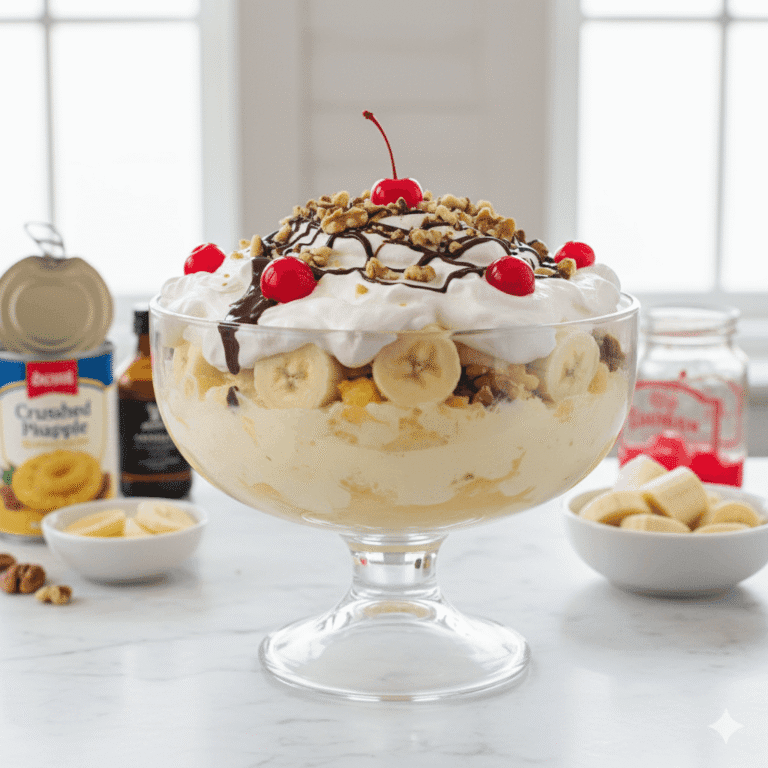 A large glass trifle bowl filled with banana split fluff dessert, layered with bananas, crushed pineapple, whipped cream, and topped with chocolate drizzle, maraschino cherries, and chopped nuts. Ingredients like canned pineapple, cherries, and sliced bananas are displayed around the bowl on a white countertop.