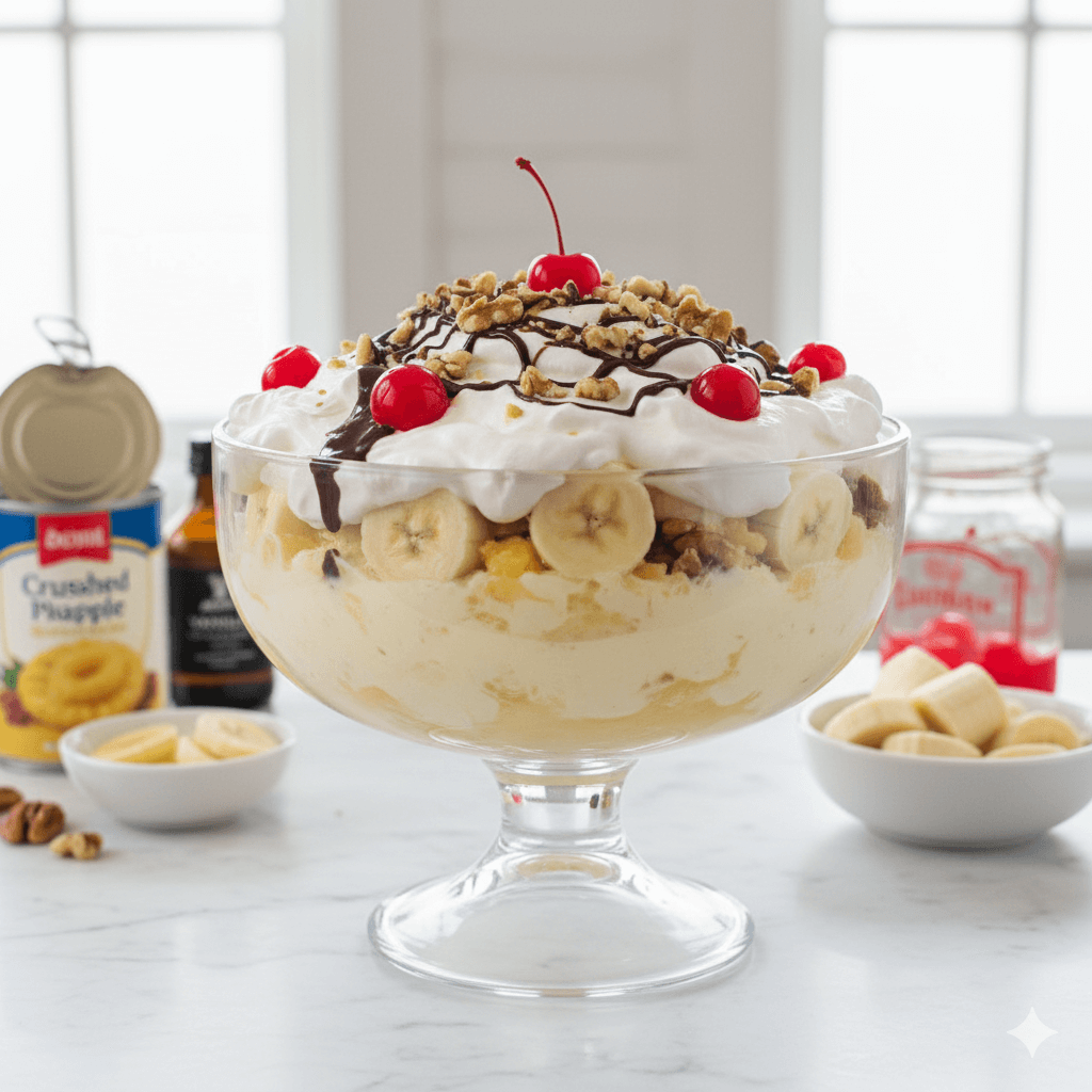 A large glass of Easy Banana Split Fluff Recipe (No-Bake Dessert), layered with bananas, crushed pineapple, whipped cream, and topped with chocolate drizzle, maraschino cherries, and chopped nuts. Ingredients like canned pineapple, cherries, and sliced bananas are displayed around the bowl on a white countertop.