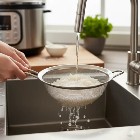 Rinsing rice in strainer – how to cook rice in Instant Pot