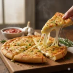 Cheesy Tortilla Garlic Bread, image of sliced cheesy tortilla garlic bread with melty cheese pull