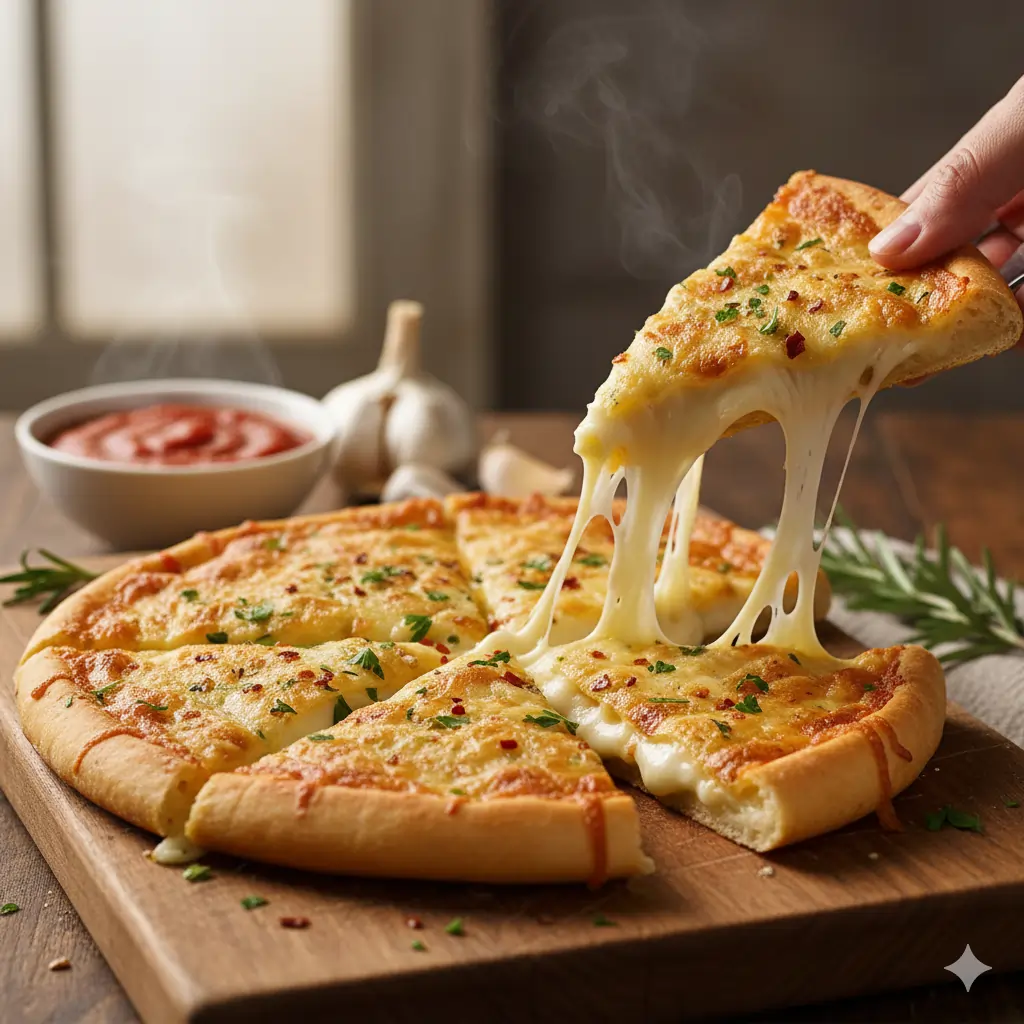 Cheesy Tortilla Garlic Bread, image of sliced cheesy tortilla garlic bread with melty cheese pull