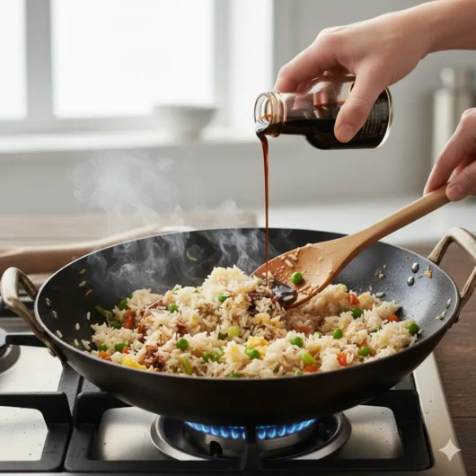 mixing rice with soy sauce in fried rice recipe