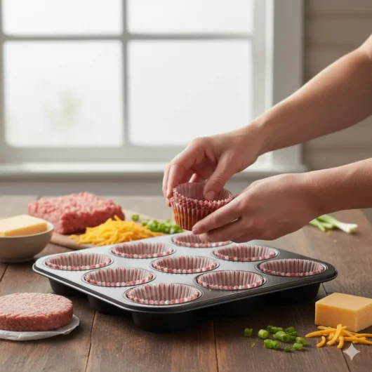 Preparing muffin pan for Sausage Breakfast Muffins