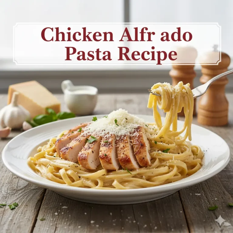 chicken alfredo pasta recipe served in a white bowl