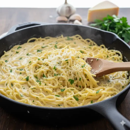 Garlic parmesan spaghetti squash in skillet