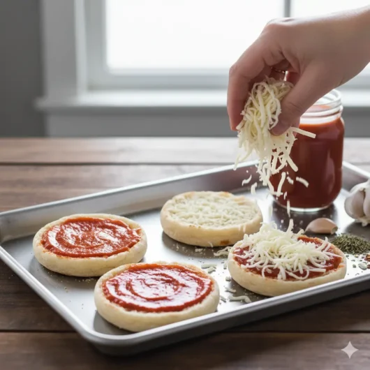 layering cheese on english muffin pizza