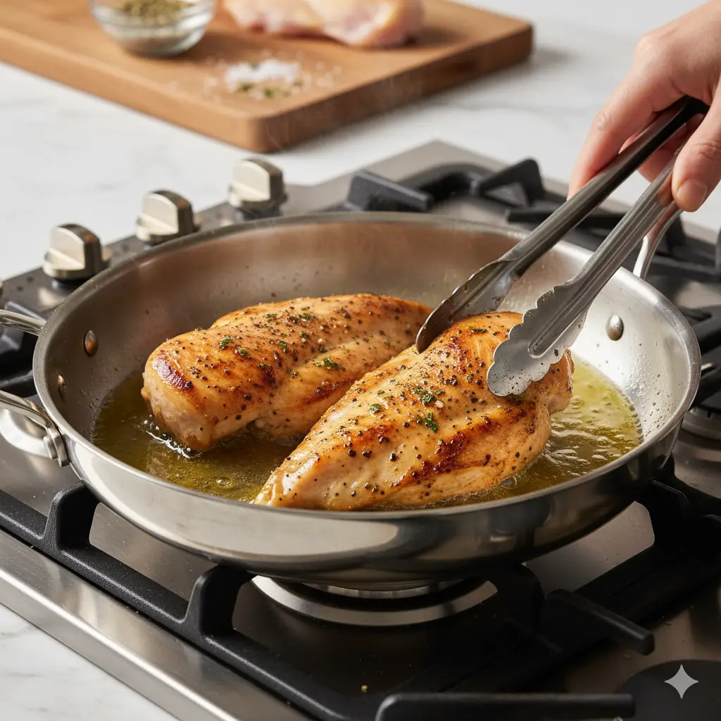 Insert step photo: searing chicken in skillet