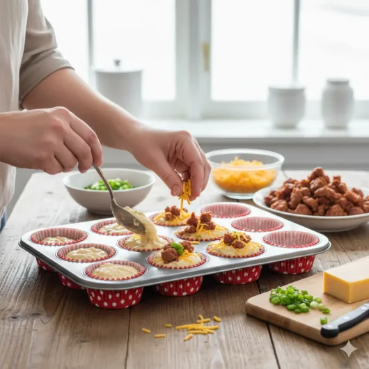 Assembling Sausage Breakfast Muffins in pan
