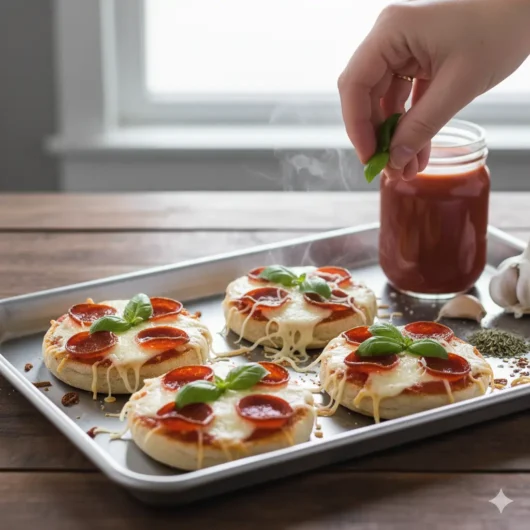 baked english muffin pizza with basil garnish