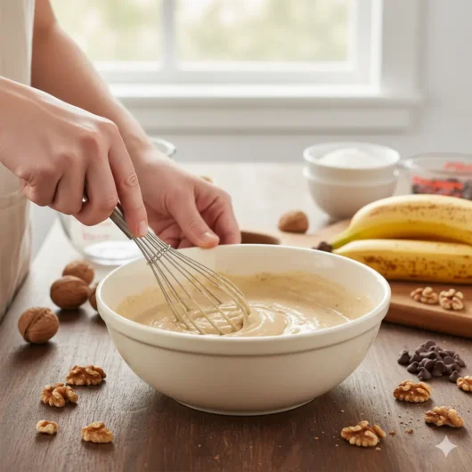 Mixing batter for banana nut bread recipe