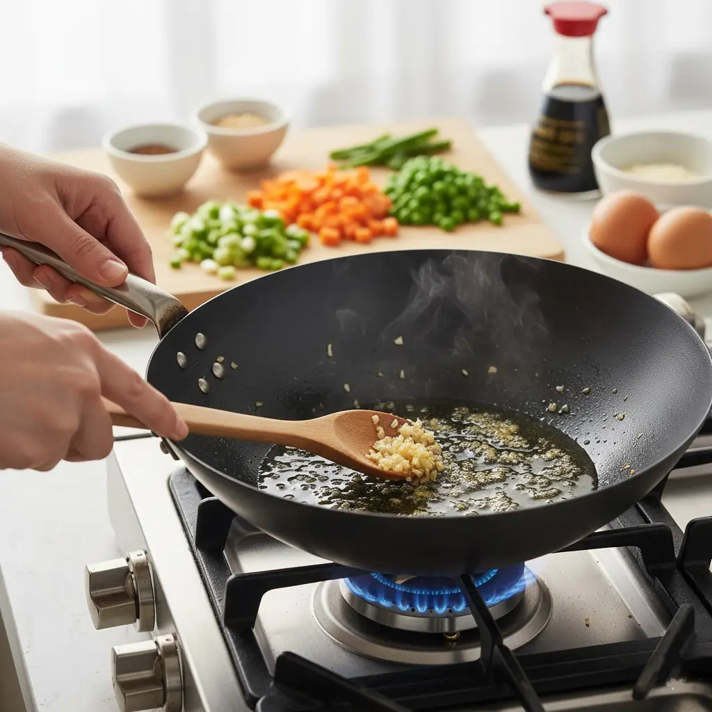 sautéing garlic for Fried Rice Recipe