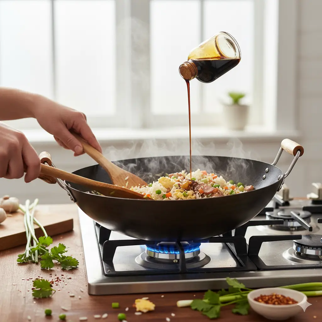 stir-frying rice in wok for Fried Rice Recipe