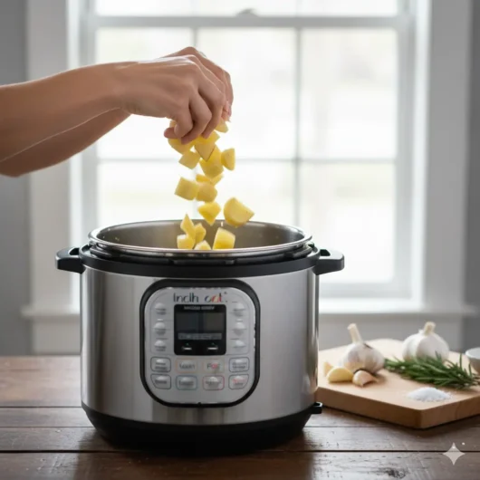 Adding potatoes and garlic to Instant Pot for mashed potatoes