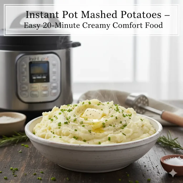 Instant Pot Mashed Potatoes in a white bowl topped with butter and herbs