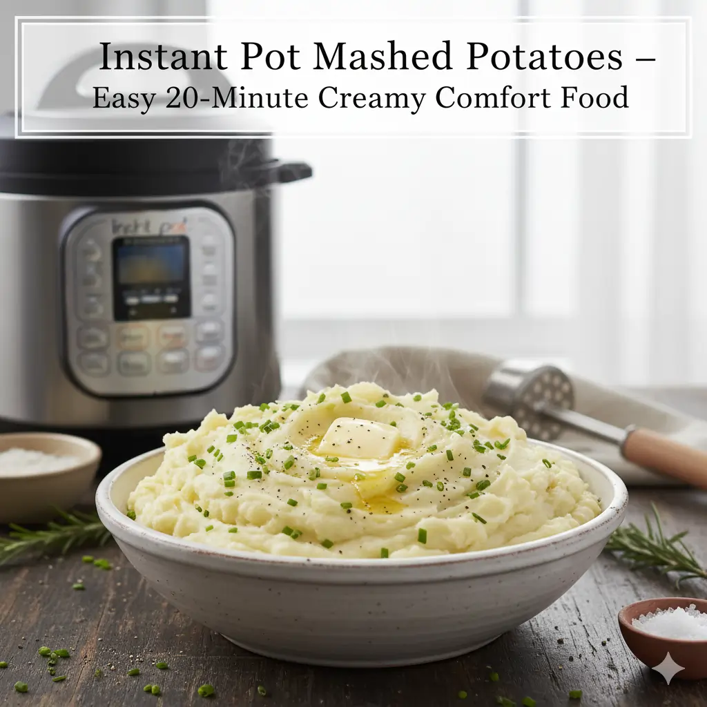 Instant Pot Mashed Potatoes in a white bowl topped with butter and herbs