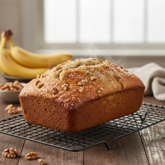 Banana nut bread recipe cooling on wire rack