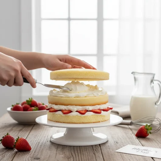 Assembling Mother’s Day Cake layers with whipped cream