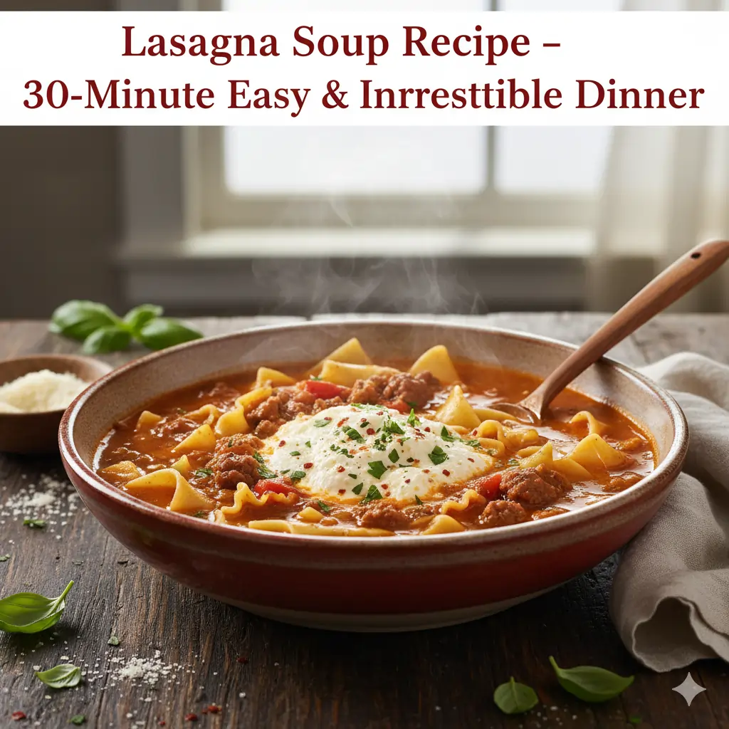 lasagna soup recipe in a bowl with cheese topping