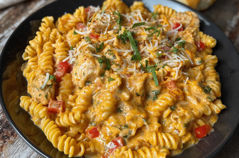 Rotel Chicken Pasta Cheese in creamy sauce served in skillet
