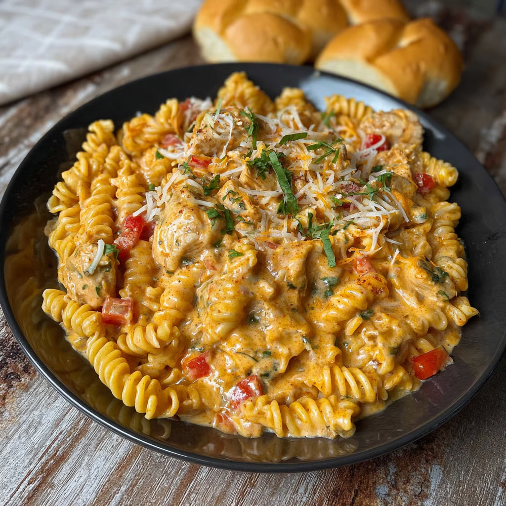 Rotel Chicken Pasta Cheese in creamy sauce served in skillet