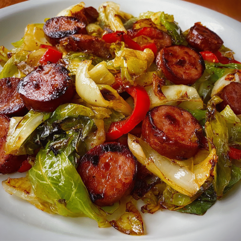 Cabbage Kielbasa skillet dinner with smoky sausage and tender cabbage