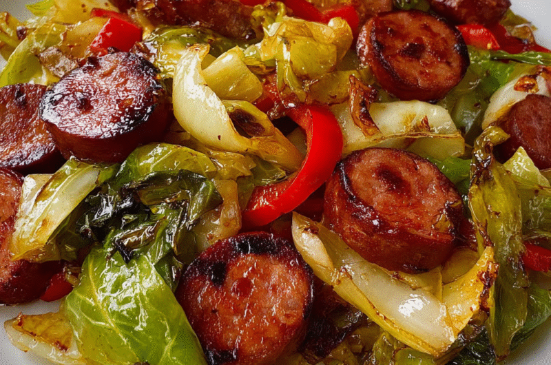 Cabbage Kielbasa skillet dinner with smoky sausage and tender cabbage