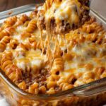 Cheesy Hamburger Casserole baked in a dish with golden bubbly cheese on top