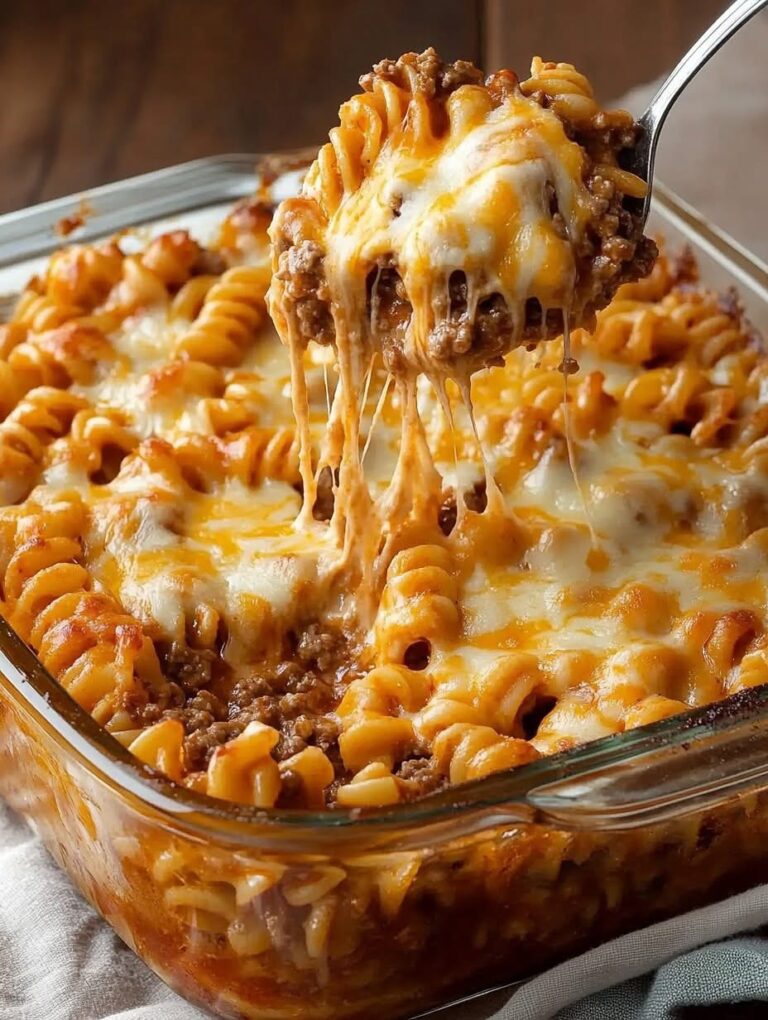 Cheesy Hamburger Casserole baked in a dish with golden bubbly cheese on top