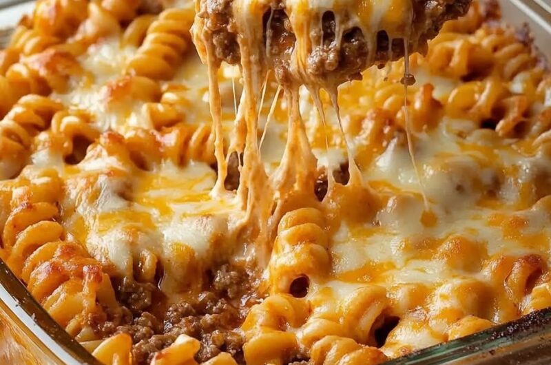 Cheesy Hamburger Casserole baked in a dish with golden bubbly cheese on top