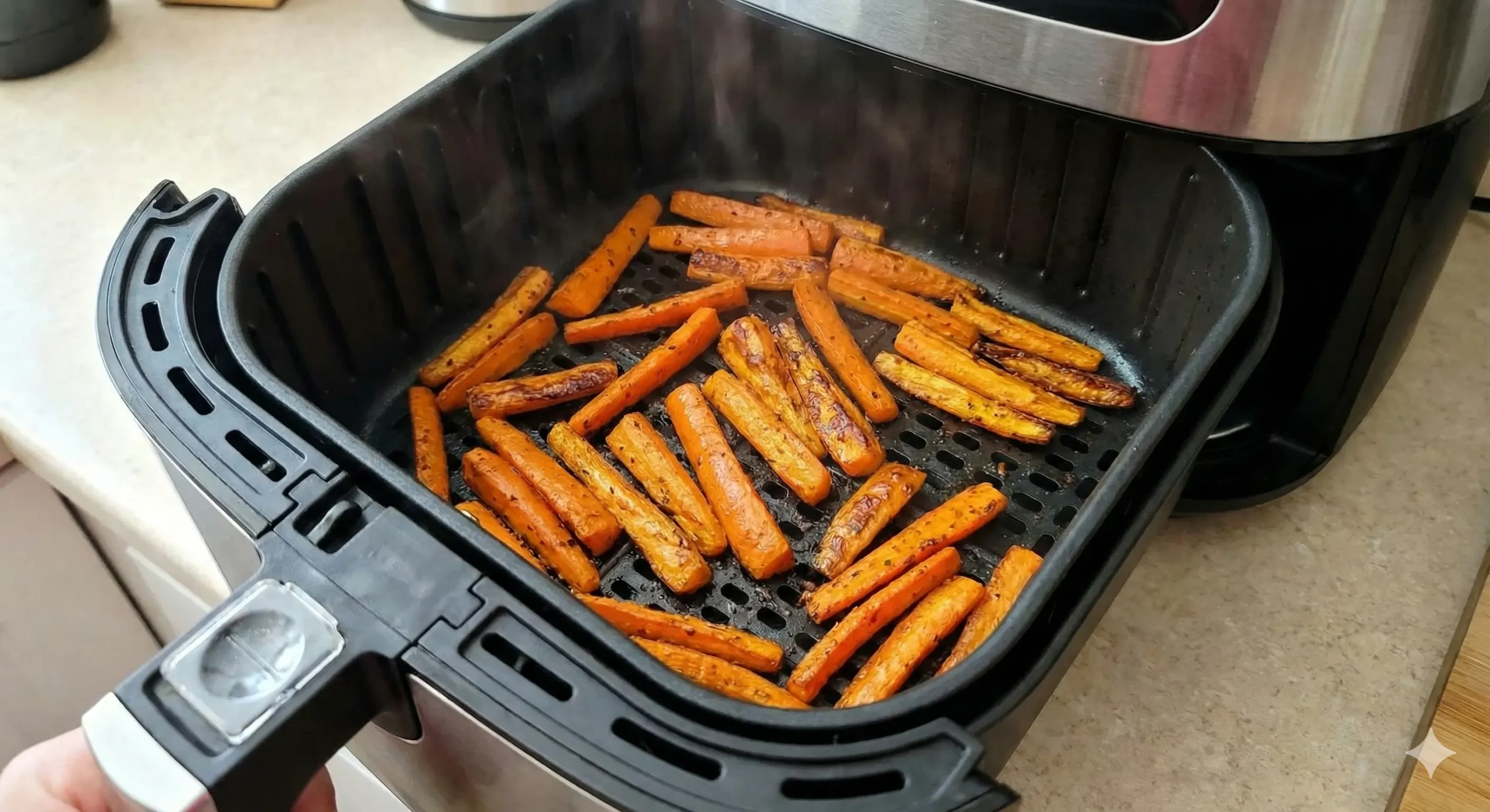 Air Fryer Carrots cooking in a basket until golden