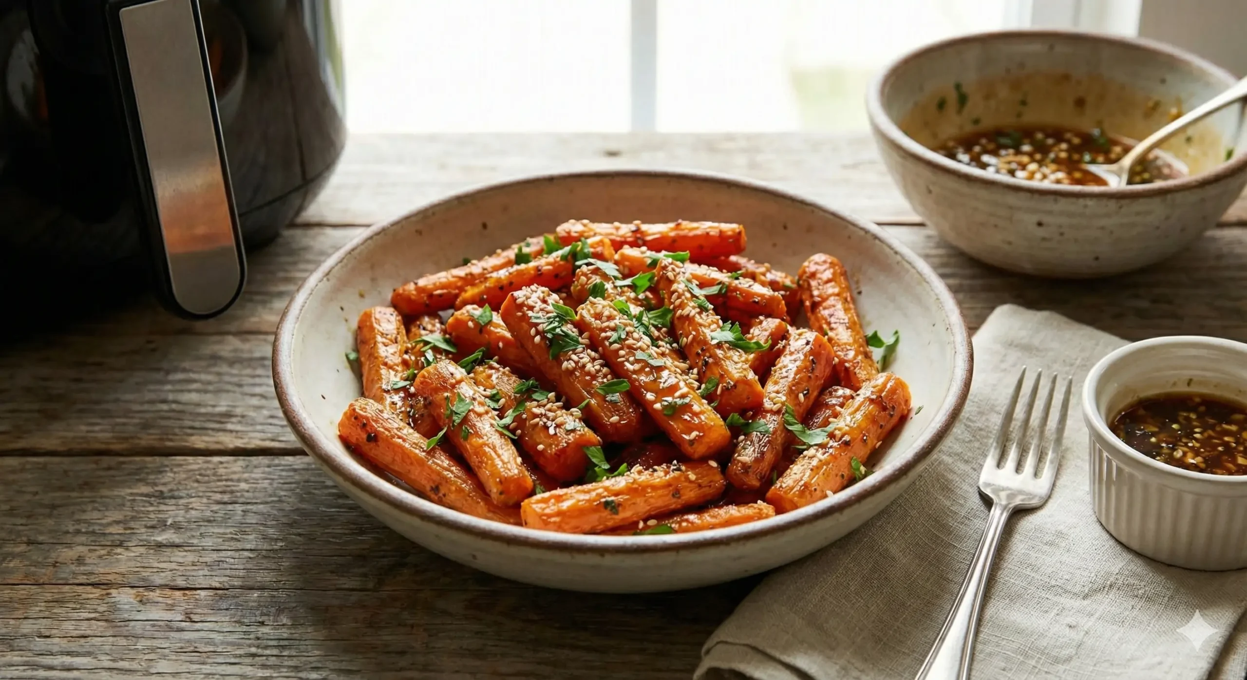 Bowl of finished Air Fryer Carrots with parsley garnish