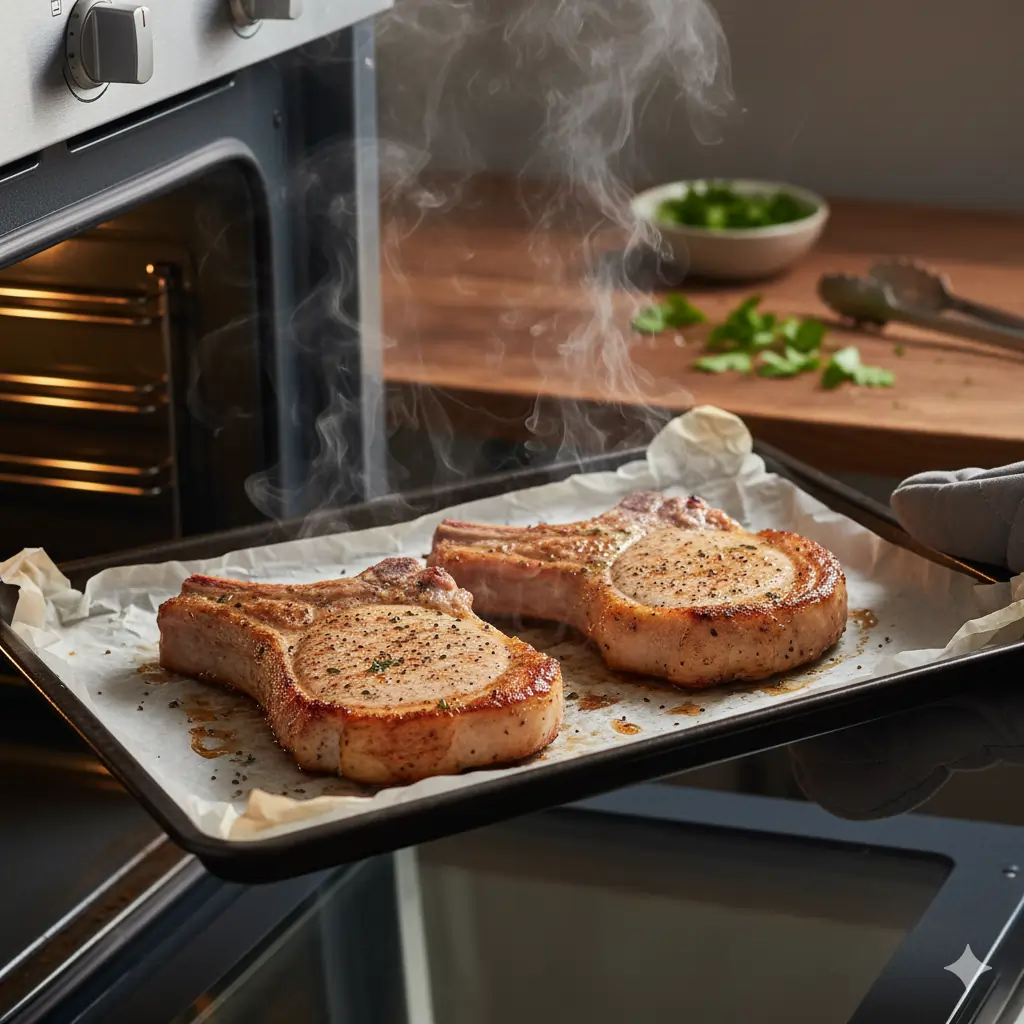 seasoned baked pork chops on a parchment-lined sheet pan
