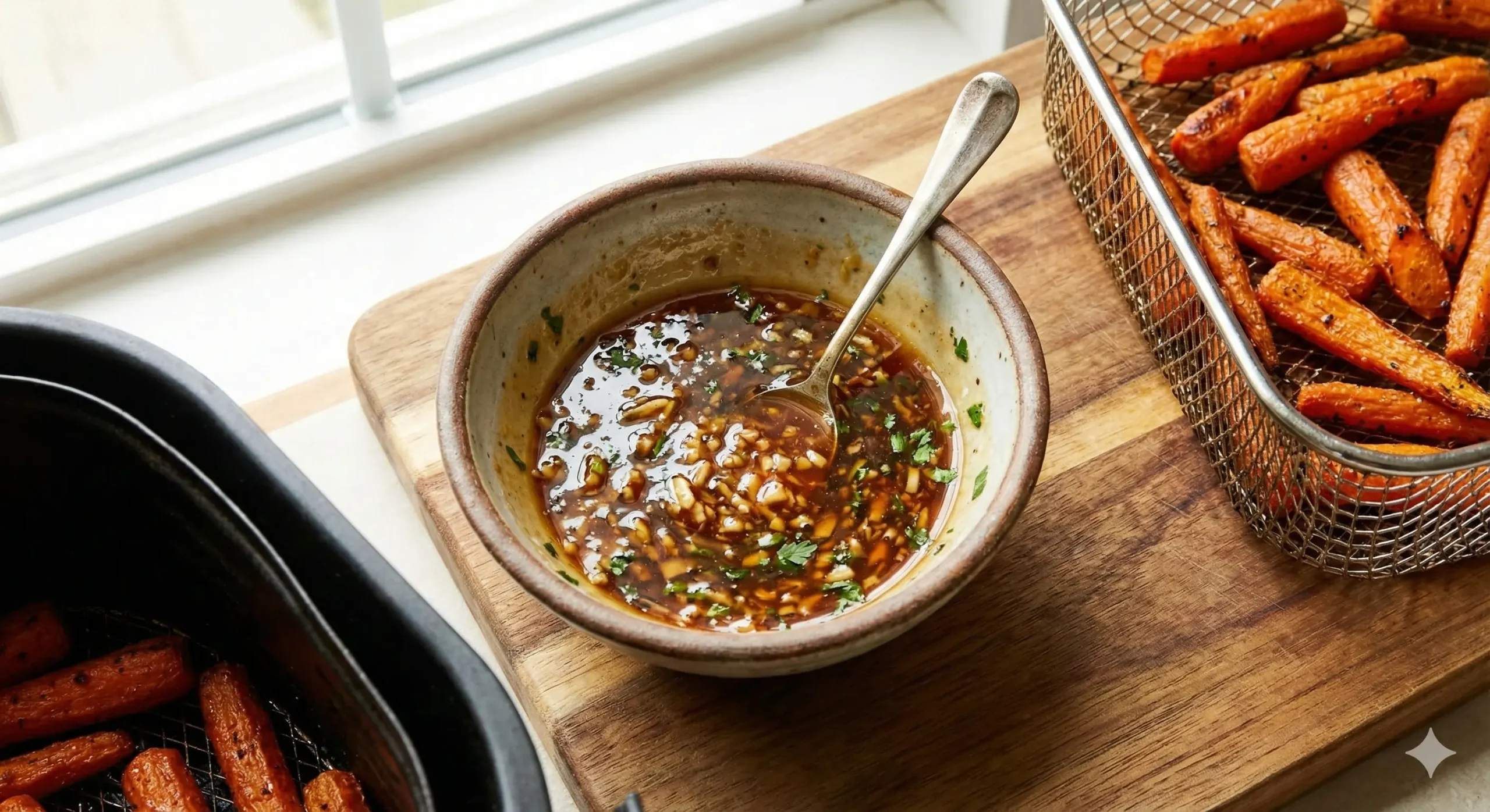 Honey garlic glaze for Air Fryer Carrots in a small bowl