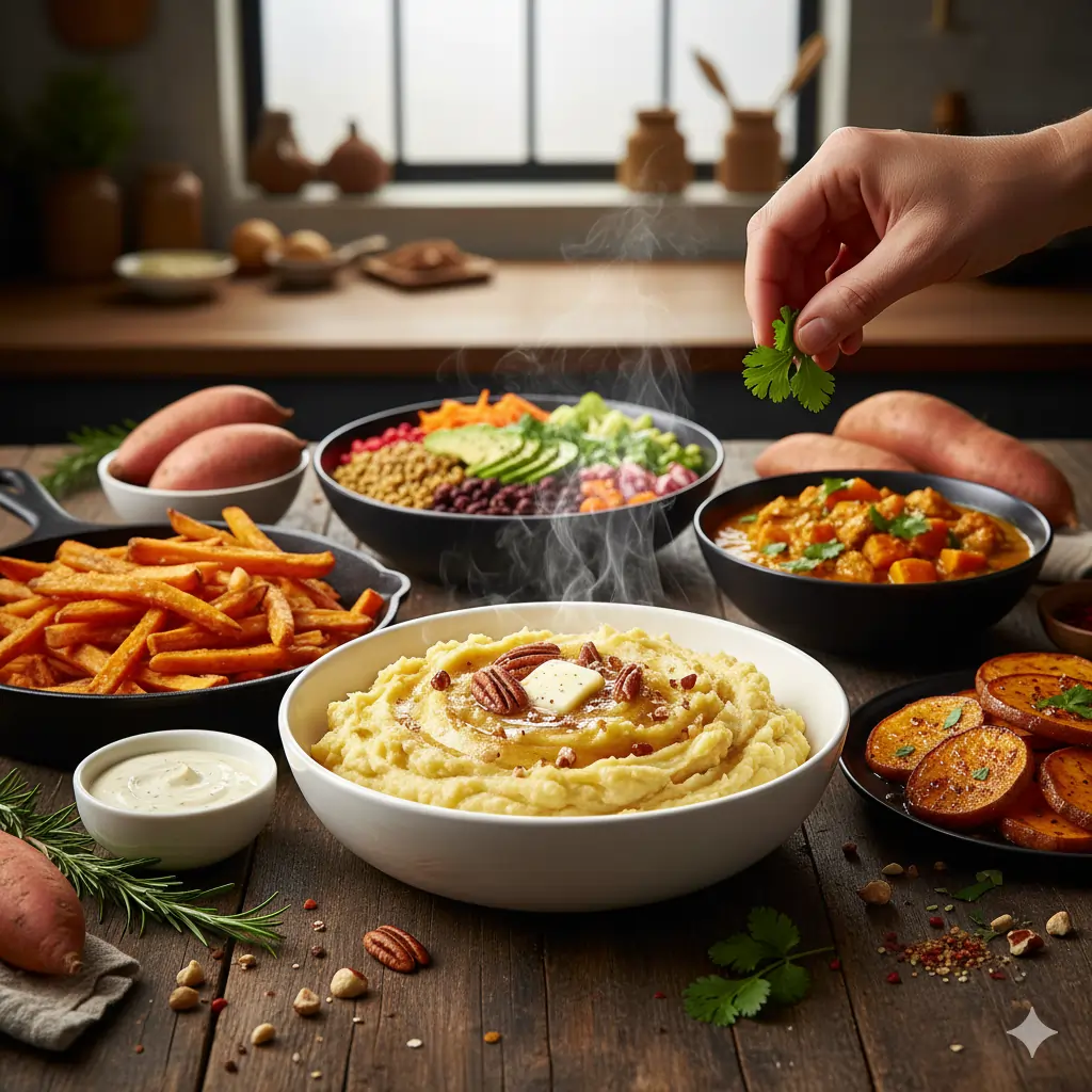 variations of Sweet Potato Recipes including fries, mash, and bowls