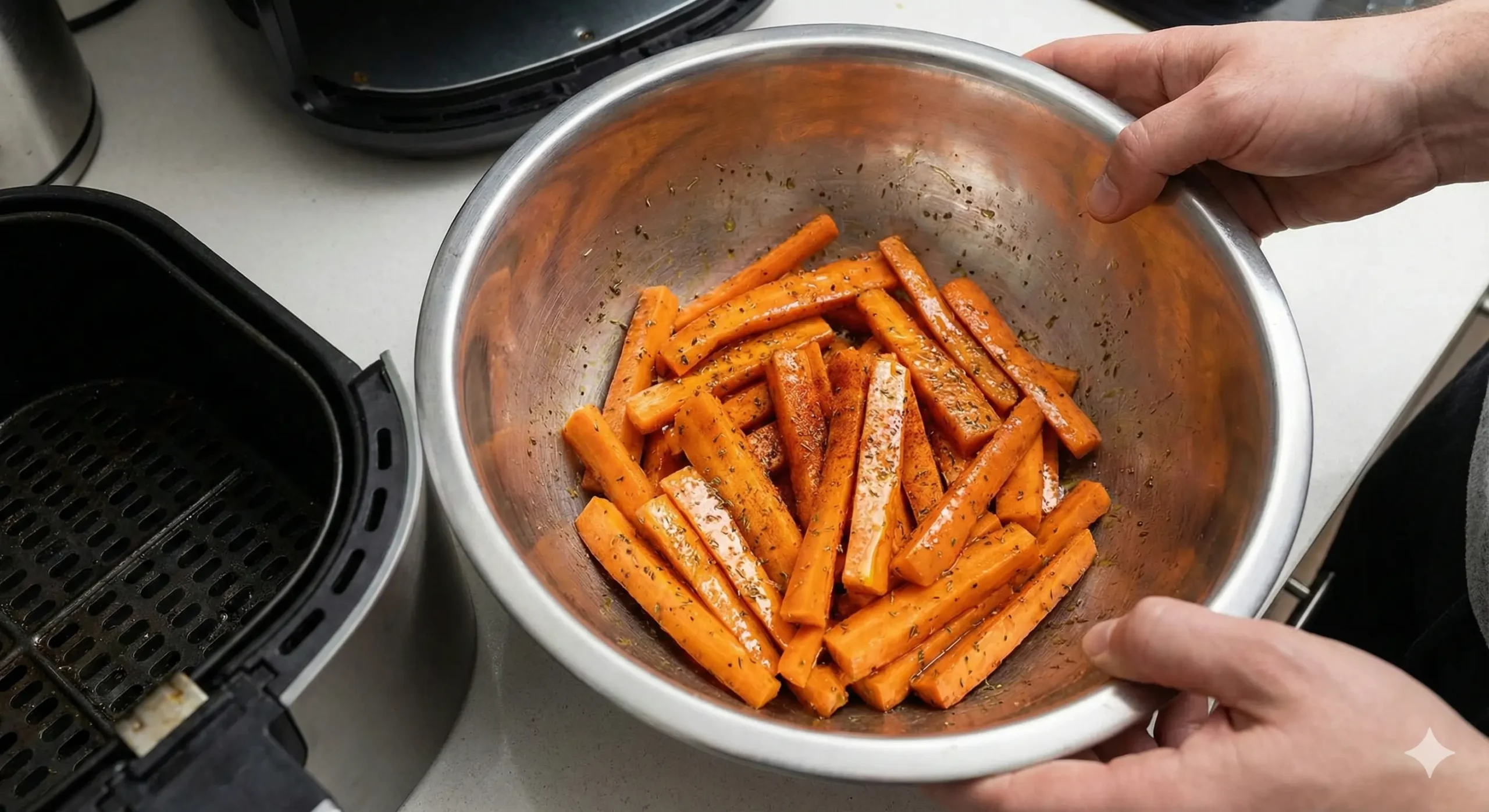 Carrots tossed with oil and seasoning for Air Fryer Carrots