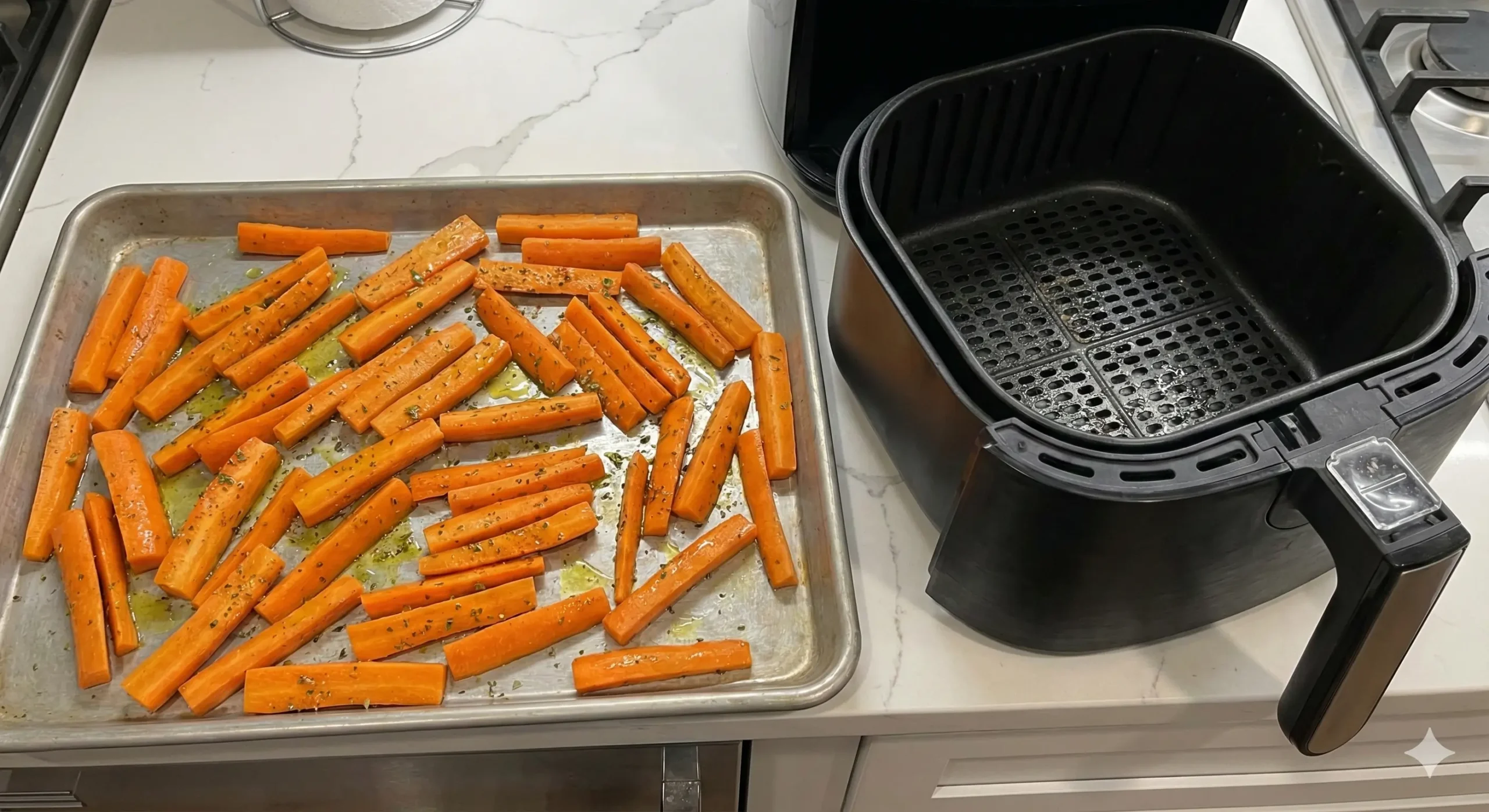 Carrots in air fryer prepped and sliced into even pieces