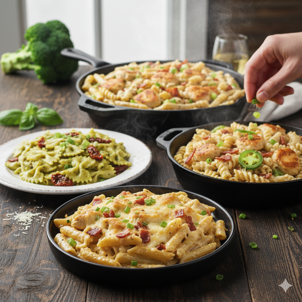 Different variations of Chicken Bacon Ranch Pasta