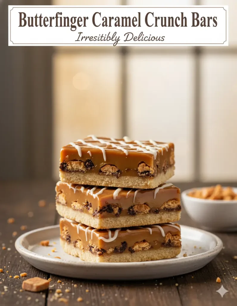 Butterfinger Caramel Crunch Bars stacked on plate