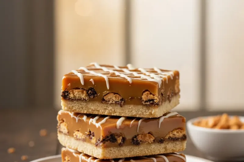 Butterfinger Caramel Crunch Bars stacked on plate