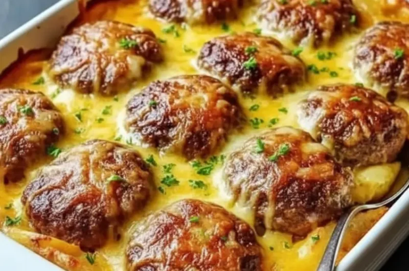 Cheesy Hamburger Potato Casserole baked golden in a dish